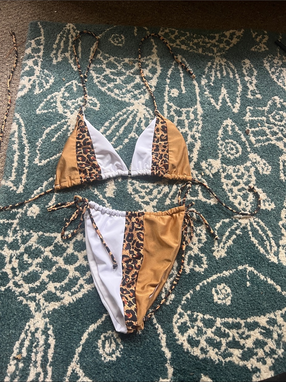 Colorblock Leopard Trim Triangle Bikini Top & Bottom Set